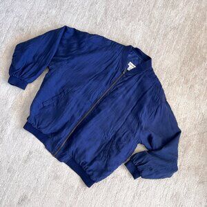 80's Silk Navy Bomber Jacket - Zip Up - Stock Options - Size Large